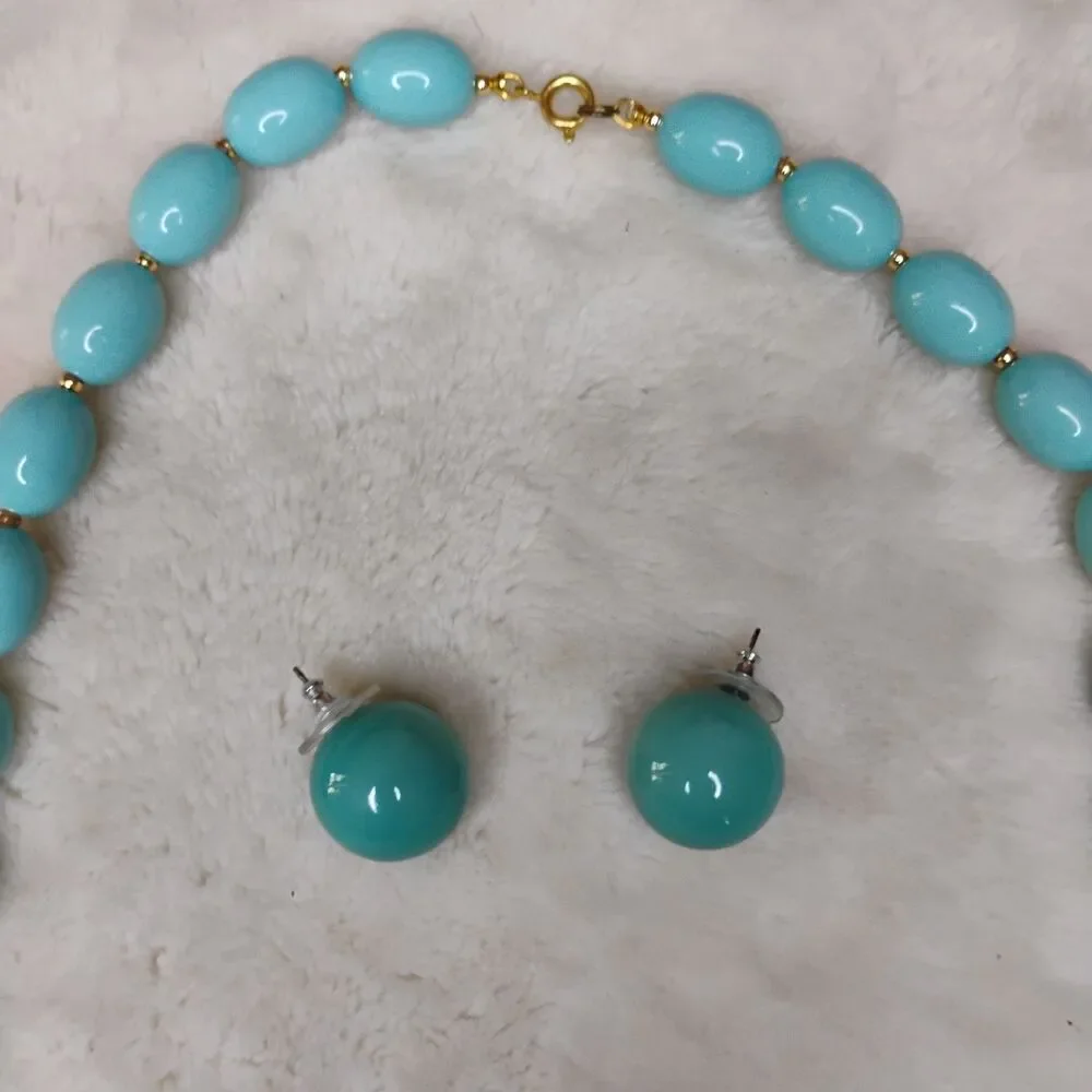 Vintage Aqua Blue Lucite Bead Necklace & Matching Ball Post Earring Set MCM